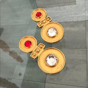 80s BEN AMUN BYZANTINE ETRUSCAN RED & WHITE CRYSTAL CLIP ON EARRINGS LIKE NEW